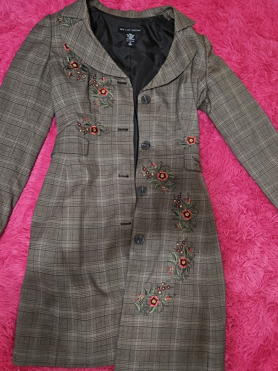 New York & Company Jackets & Blazers - New York & Company Plaid Trench Coat with Red Floral Embroidery